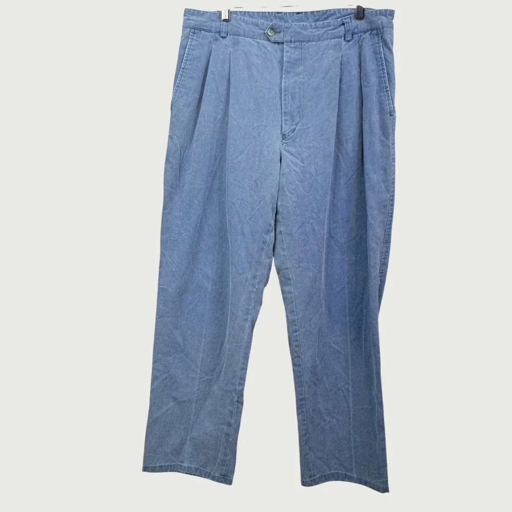 John Martin Pleated Cotton Pants 35x32 Blue Vintage Grandpa Core Casual Chinos